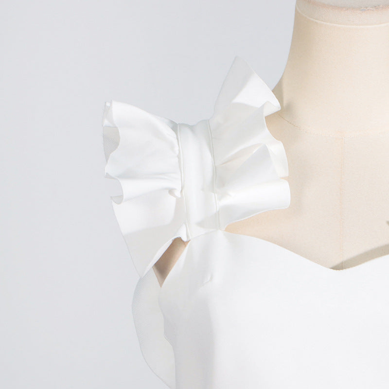 White ruffled shoulder detail on High Grade Stitching Floral Summer Dress for women