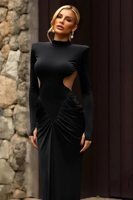 Beautiful high collar black velvet maxi dress with dramatic cutout