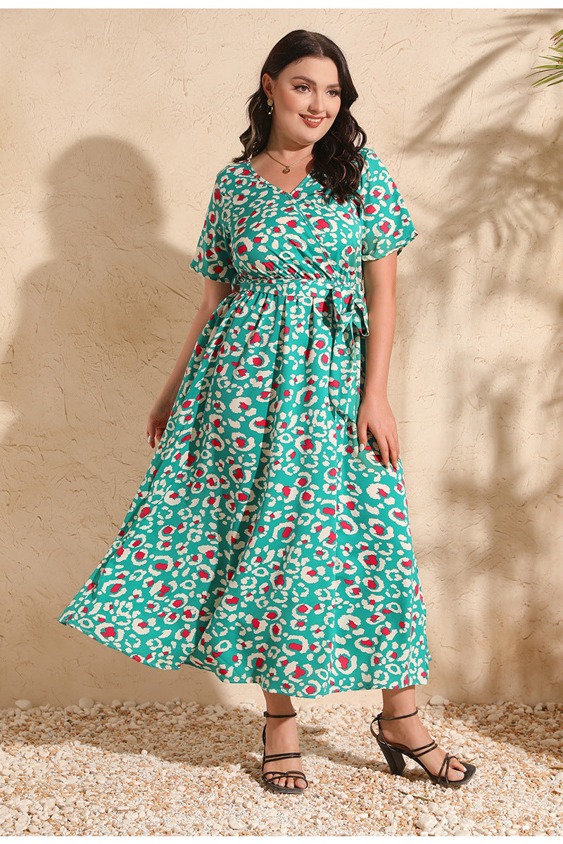 Green and red patterned maxi dress from Colourful Rose Holiday Dress V Neck Short-Sleeved Chiffon Dress, a stylish fashion ملابس