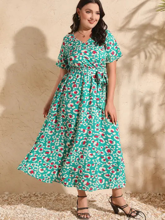 Colorful rose holiday dress in green and red pattern, V-neck chiffon maxi