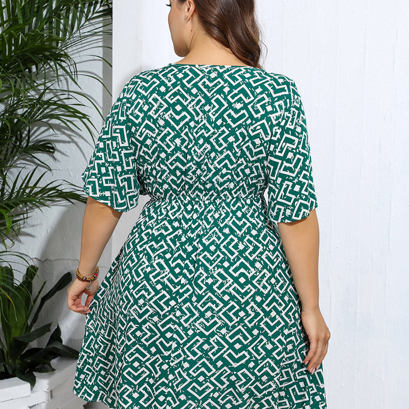 Green and white geometric print wrap-style dress for casual fashion by Langry