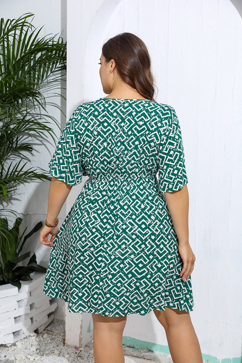 Green and white geometric print wrap-style dress for casual fashion by Langry