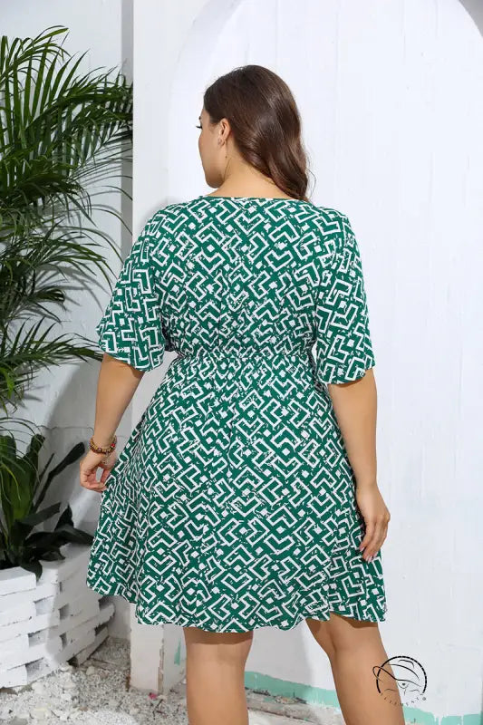 Casual V neck loose dress in green white geometric print wrap style