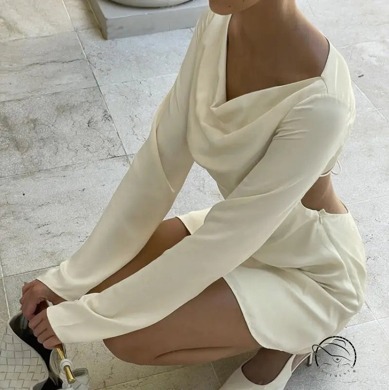 Enchanting short A-line dress with creamy white cowl neck in fashion