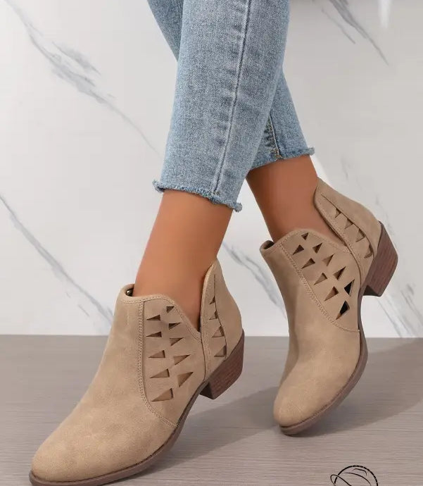 Beige suede daily ankle boots with side cutouts and low heels