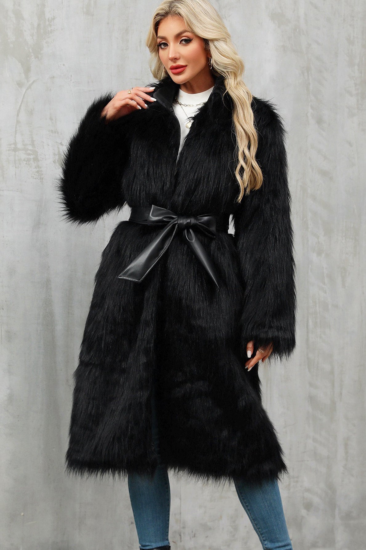 Long faux fur overknee coat in black with bow belt
