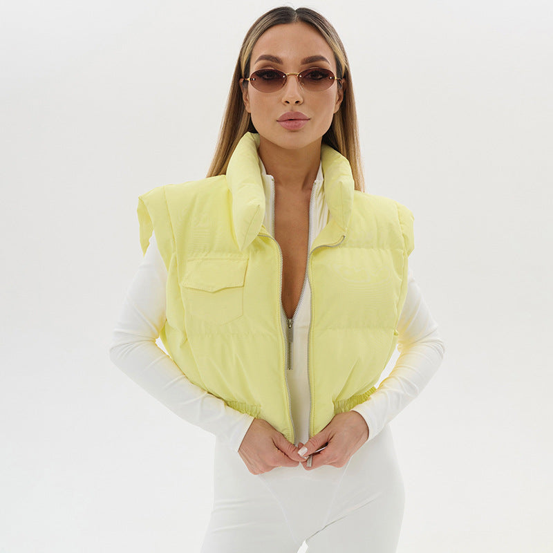 Langry neon yellow puffer vest with pocket details and high collar
