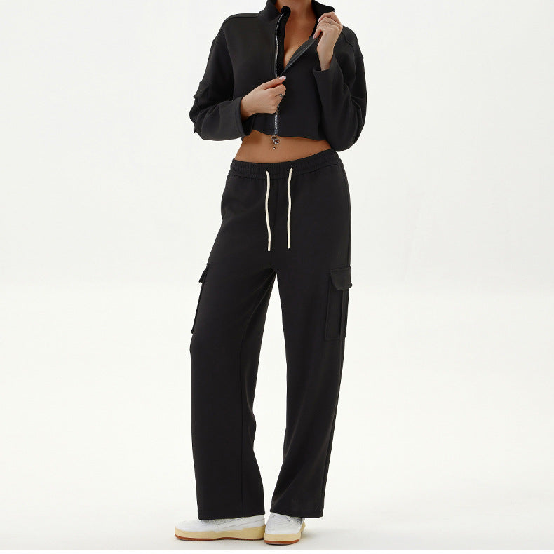 Black cropped jacket and cargo pants outfit for women autumn winter casual sportswear