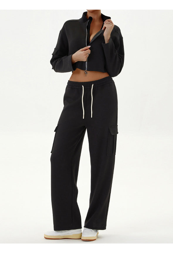 Black cropped jacket and cargo pants outfit for women autumn winter casual sportswear