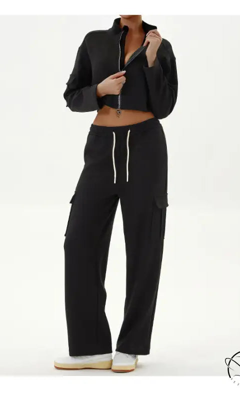 Black cropped jacket and cargo pants in winter workwear casual sports sets