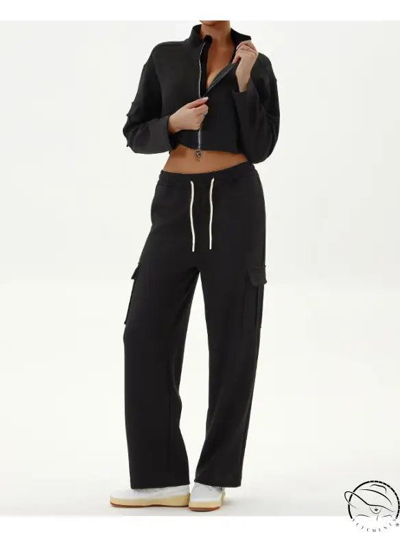 Black cropped jacket and cargo pants in winter workwear casual sports sets