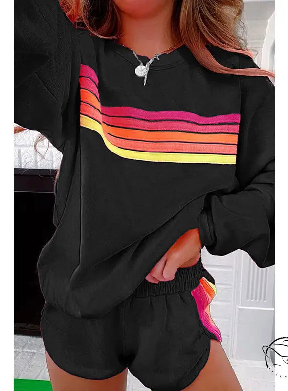 Black loose slim fit casual two-piece set with retro pink, orange, yellow stripes