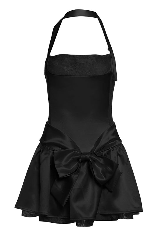 Black halter dress with a bow at the waist and flared skirt for stylish fashion ملابس