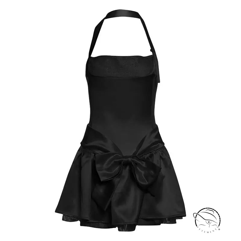 Attractive bow halter slim dress with waist bow and flared skirt