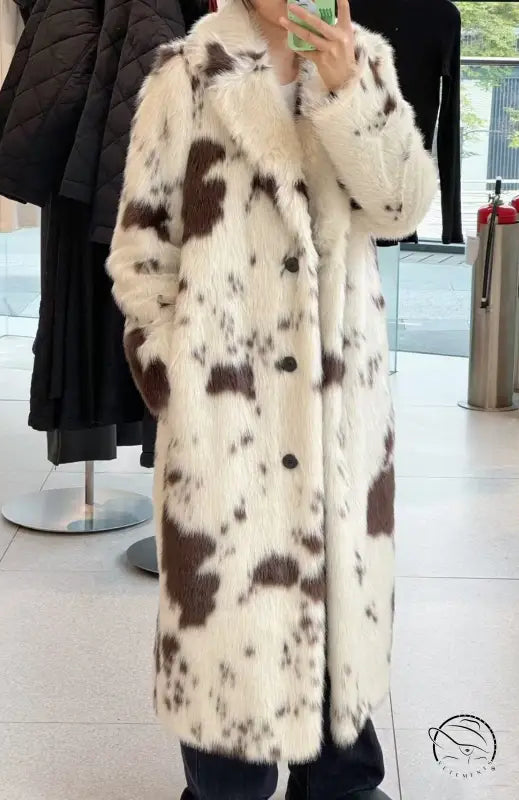 Cozy faux fur long coat with cow print, large buttons, high collar