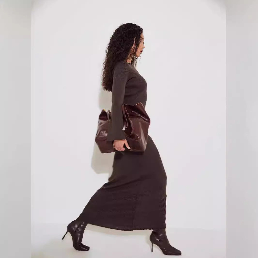 Brown leather tote bag from Langry fashion collection paired with Slim Fit Woolen Knitted Dress