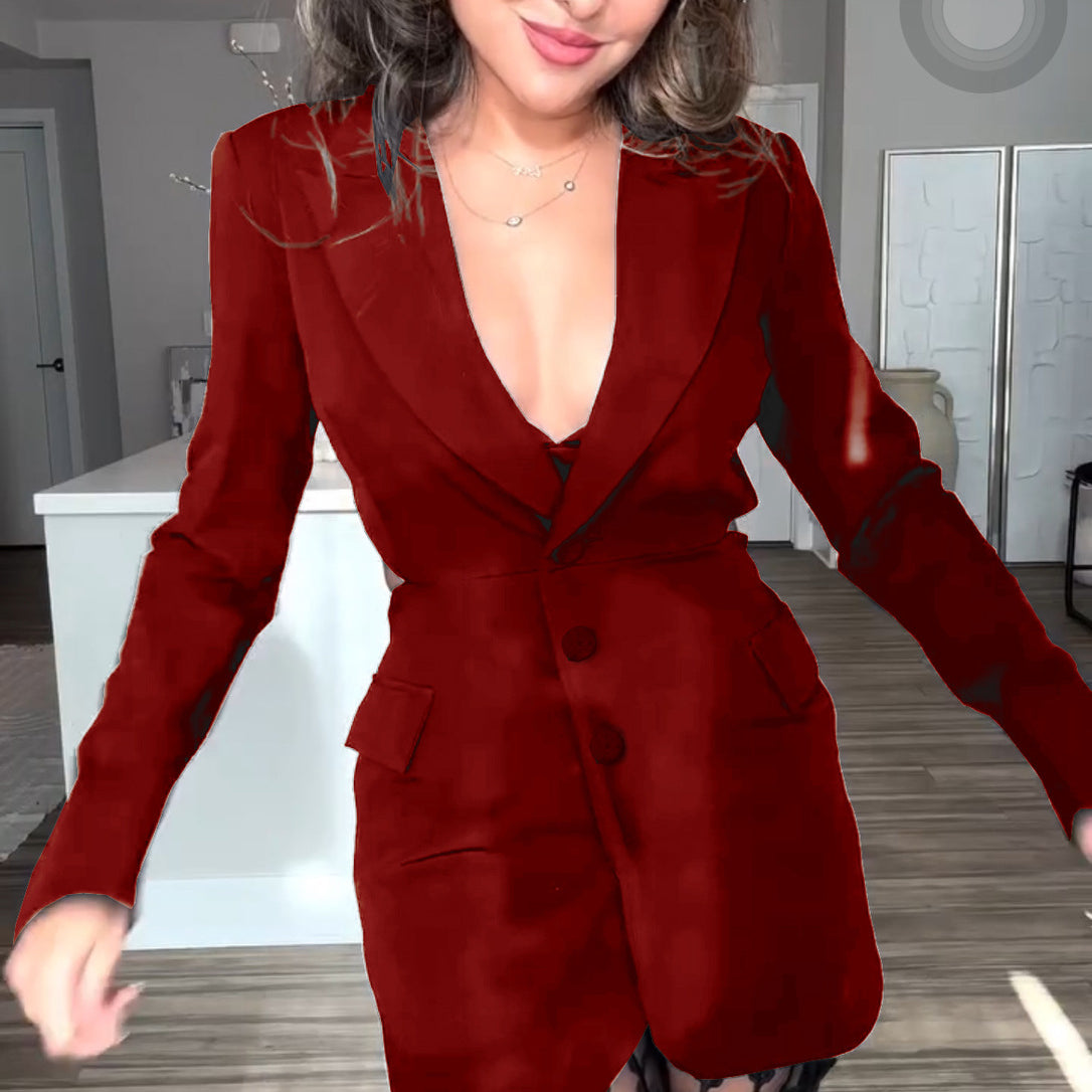 Elegant woman in red blazer dress and patterned tights showcasing Casual Loose Party Two Piece Set, perfect for fashion enthusiasts