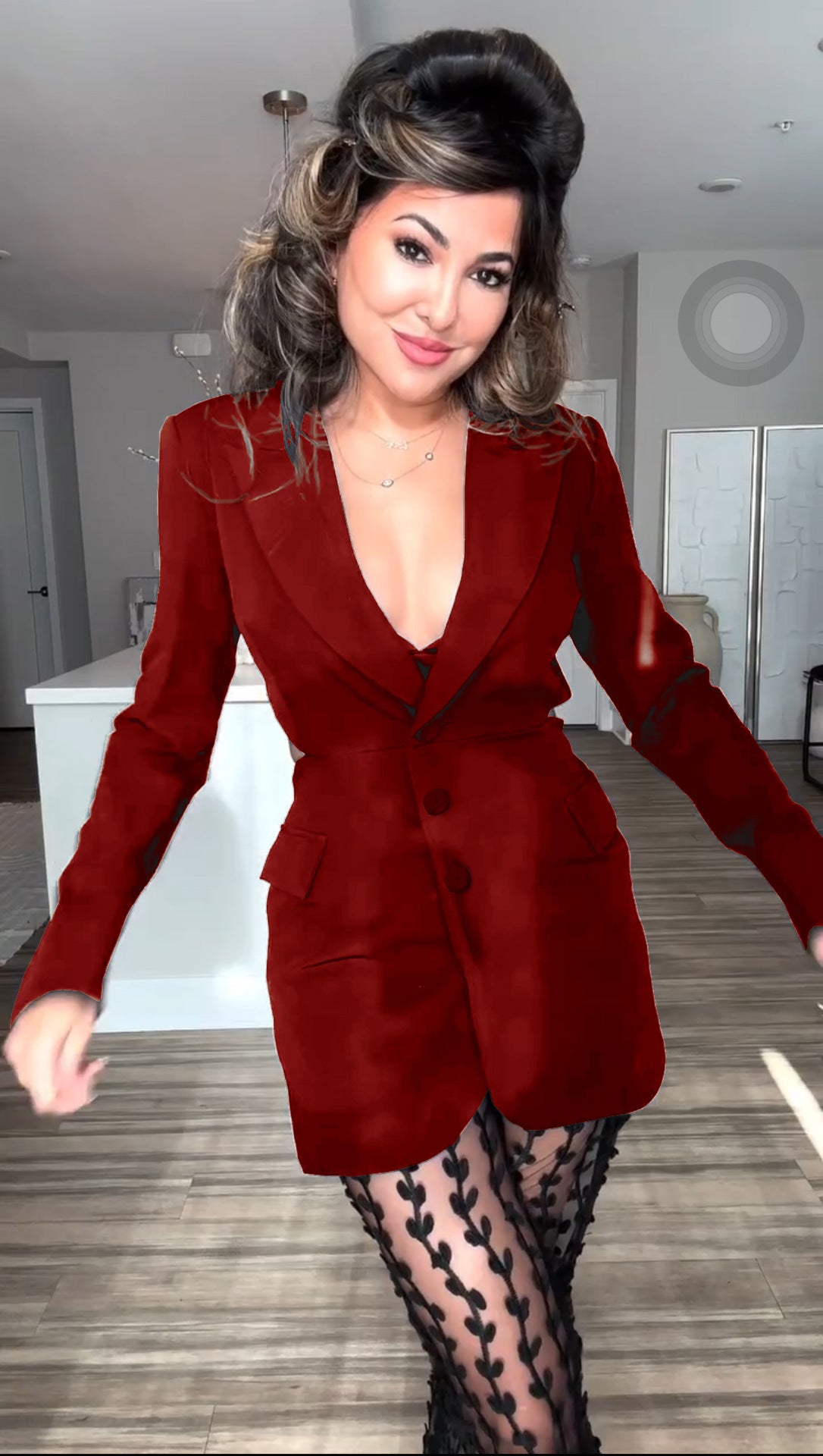 Elegant woman in red blazer dress and patterned tights showcasing Casual Loose Party Two Piece Set, perfect for fashion enthusiasts