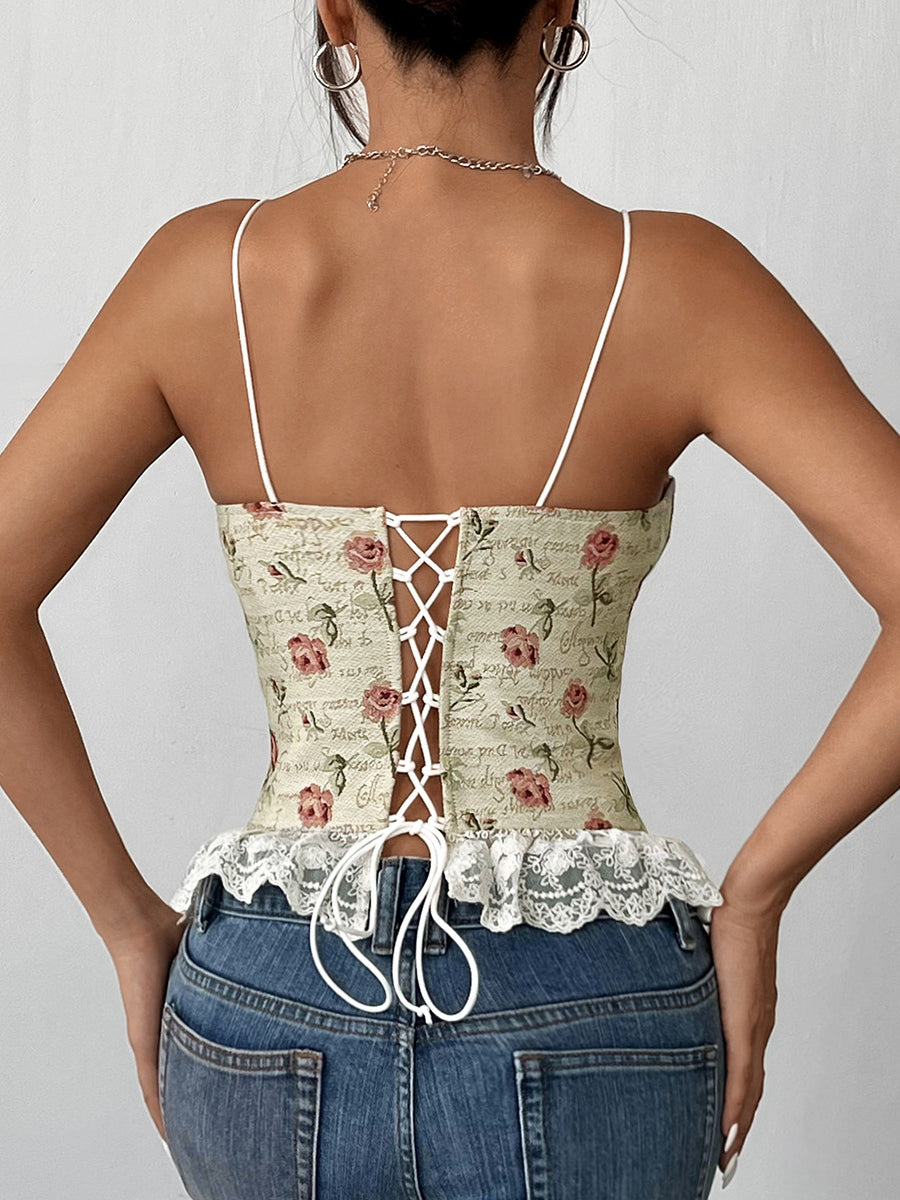 Vintage Jacquard Niche Stitching Lace Corset featuring floral design and lace trim for elegant fashion and ملابس