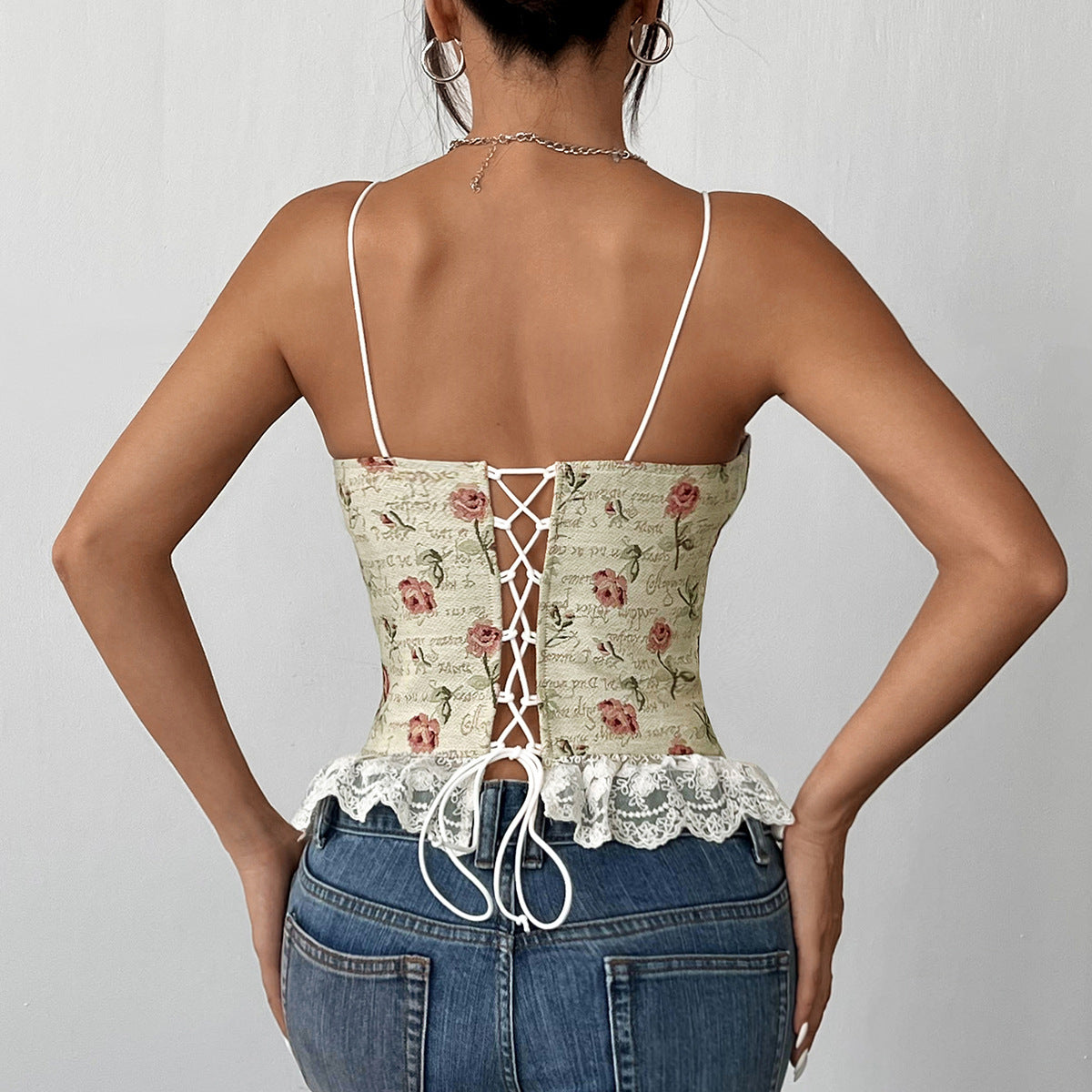 Vintage Jacquard Niche Stitching Lace Corset featuring floral design and lace trim for elegant fashion and ملابس
