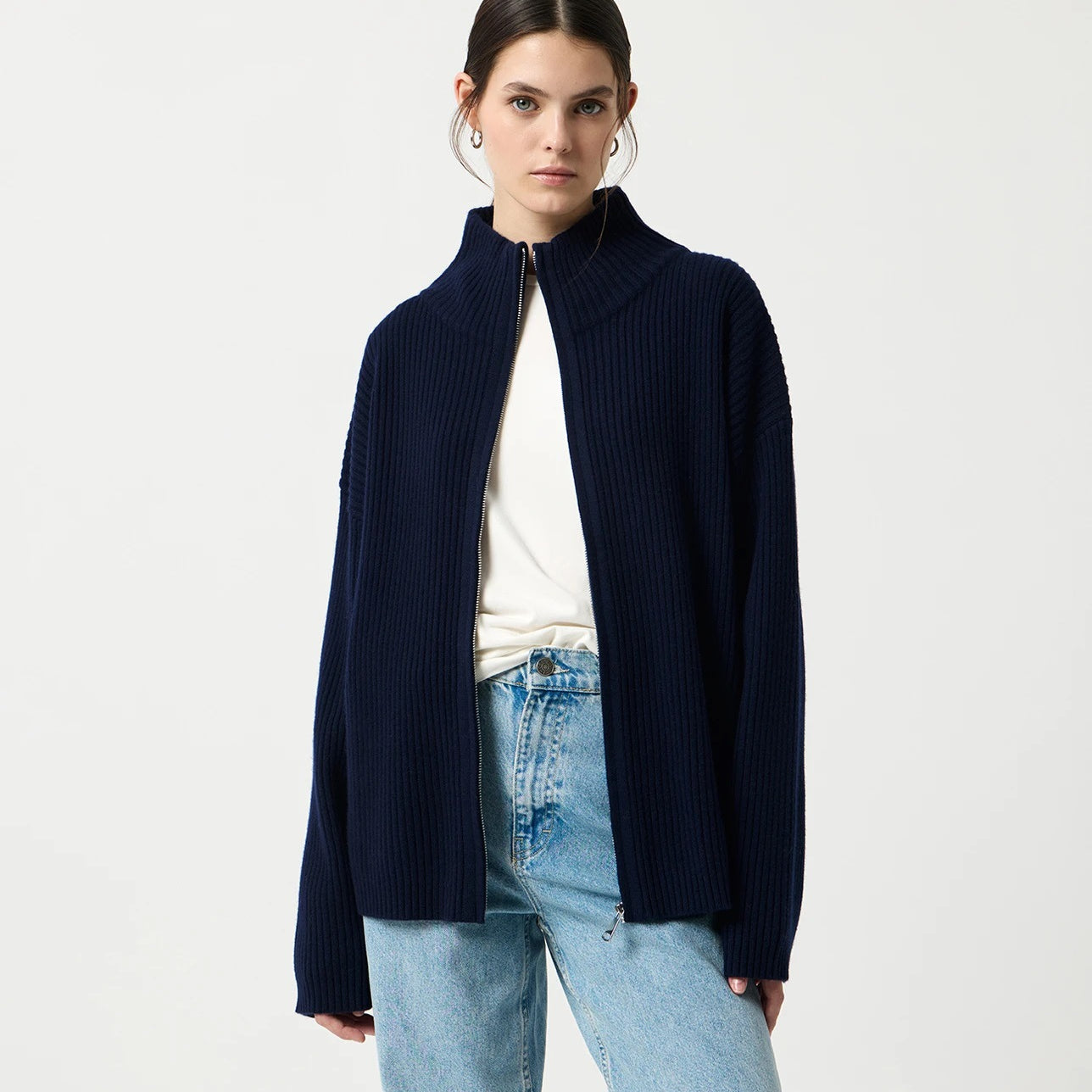 Navy blue ribbed Langry fashion cardigan with regular sleeve and high collar