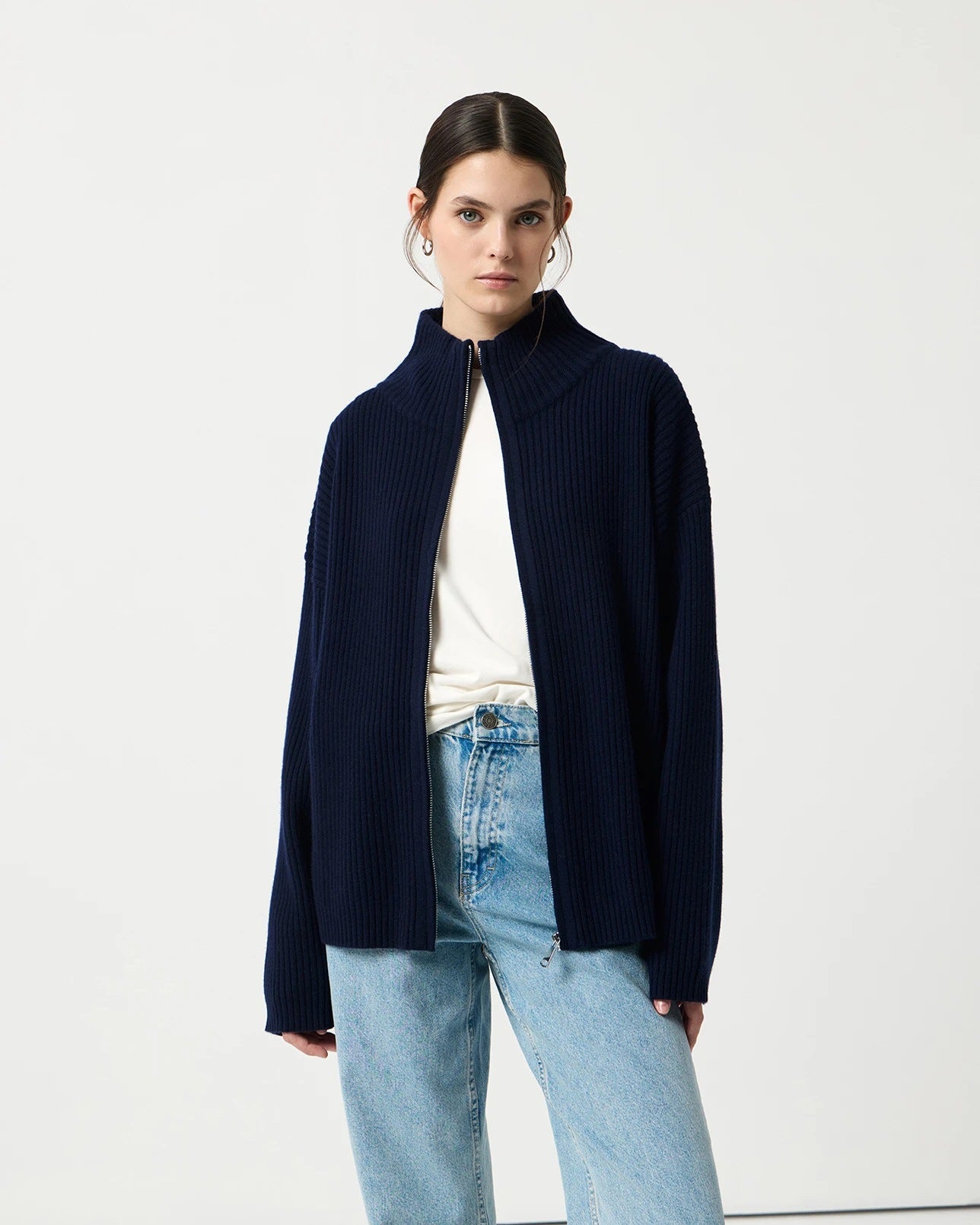 Navy blue ribbed Langry fashion cardigan with regular sleeve and high collar