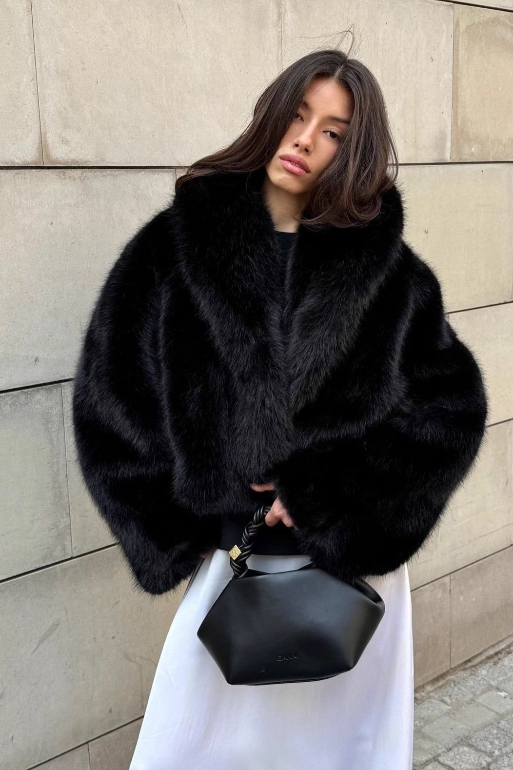 Cozy Short Faux Fur Coat with Black Fur, High Collar, Long Sleeves