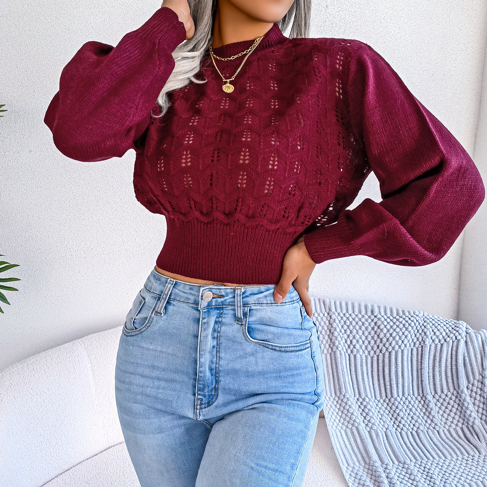 Burgundy knit Lantern Sleeve Cropped Knitted Sweater with balloon sleeves for stylish fashion