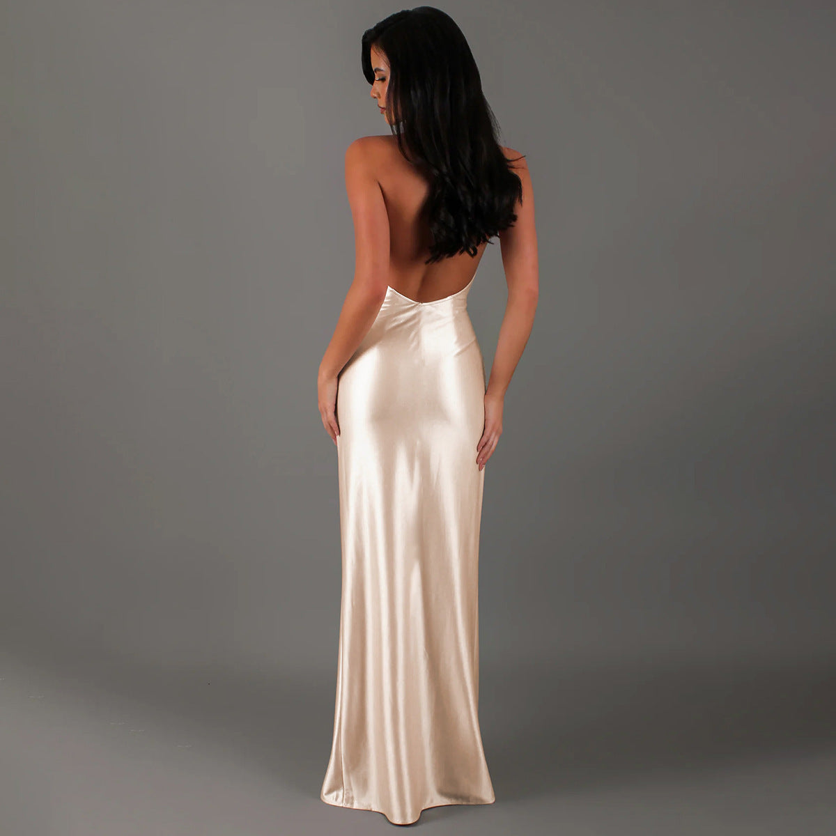 Sleeveless champagne satin gown of Elegant Halter Backless Ribbon Split Dress in fashion