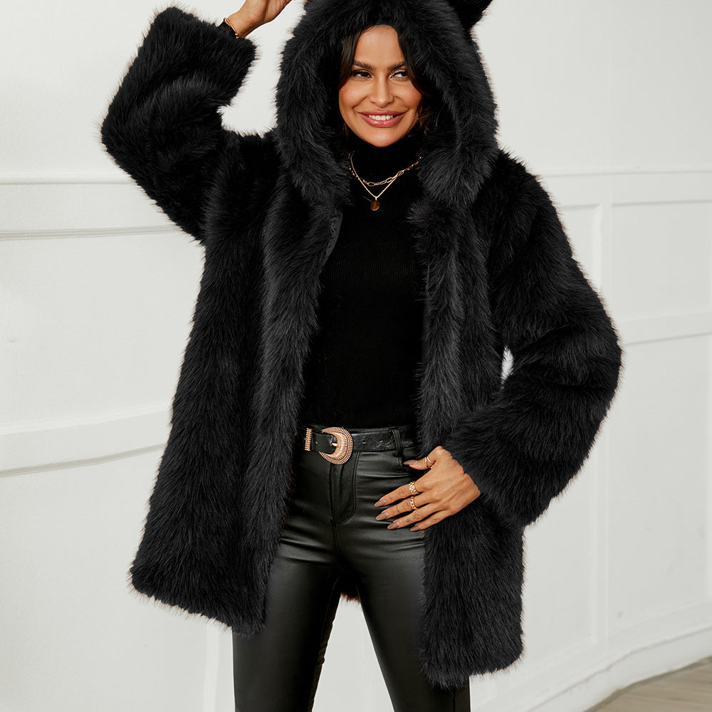 Black faux fur cat hoodie with ears in Langry fashion