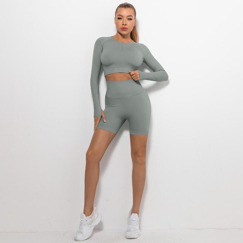 Seamless Pleated Peach Hip Long Sleeve Yoga Suit