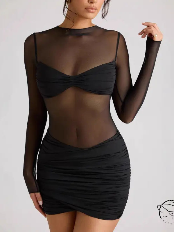 Black long sleeve mesh dress in elegant style