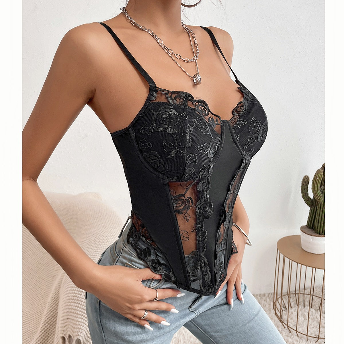 Black lace corset top from Summer Lace Rose Pattern Boning Corset collection, stylish ملابس for fashion enthusiasts