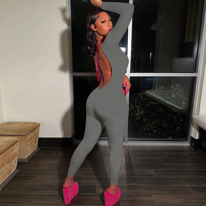 Gray Backless Slim Fit Jumpsuit paired with pink shoes for stylish fashion ملابس