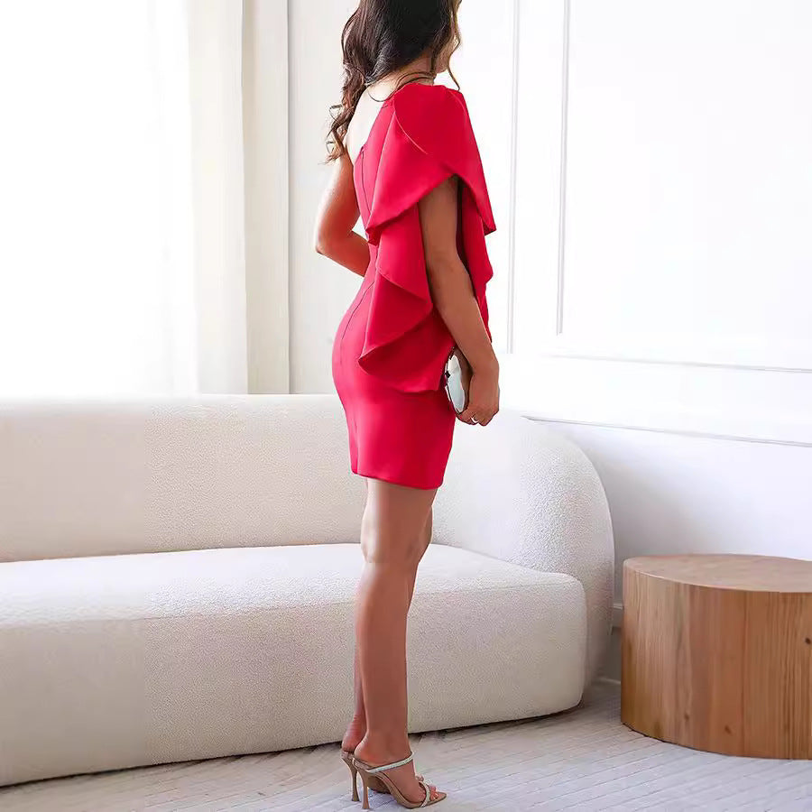 Red one-shoulder cocktail dress from Langry fashion collection showcasing elegant ملابس style