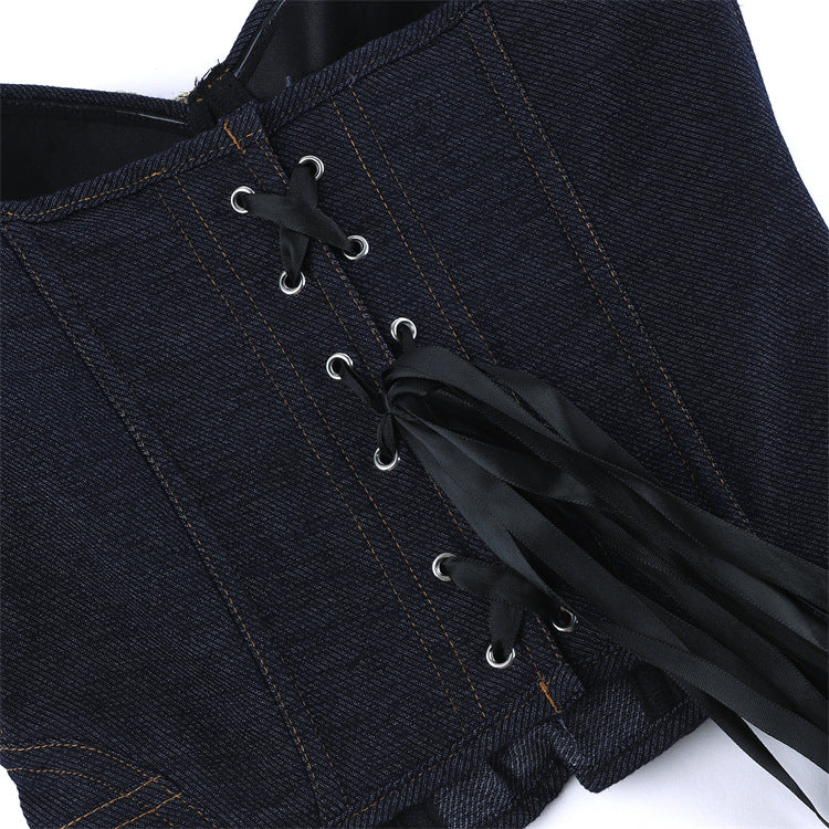Langry fashion black denim corset with lacing, ruffled hem, steel ring cups