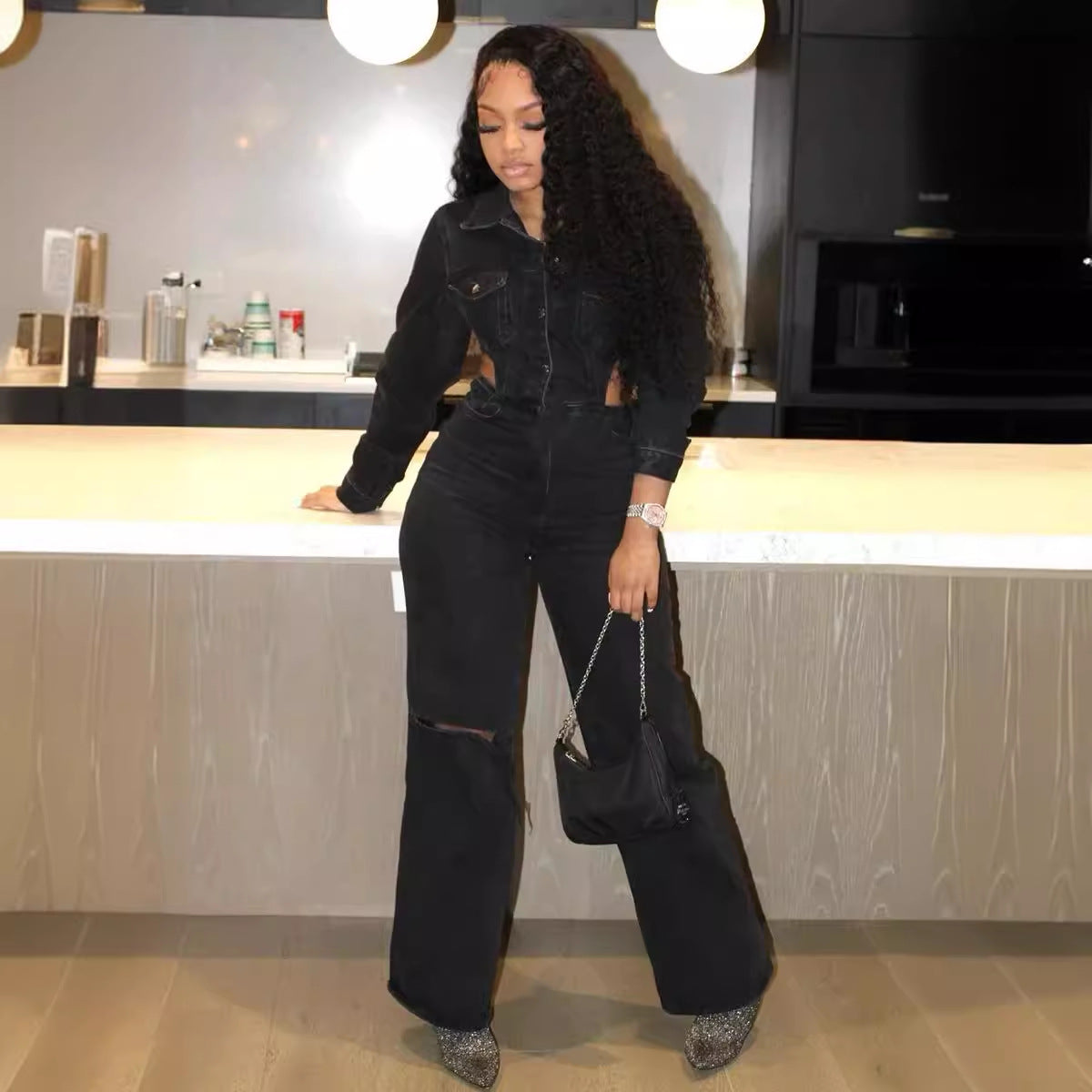 Casual Hollow out Cutout out Denim Jumpsuit