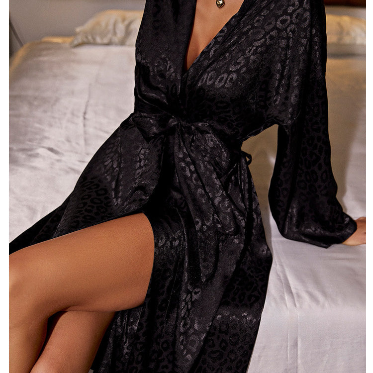 Black floral lace long sleeve nightgown with tie waist and deep V-neck