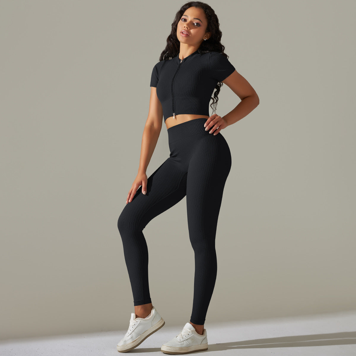 Black athletic set from Seamless Knitted Peach Hip High Waist Yoga Sets collection