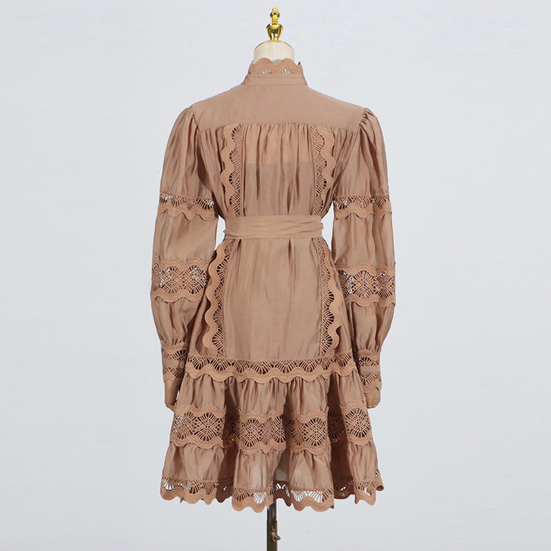 Elegant French Vintage Dress featuring a tan lace-trimmed long-sleeved design in fashion ملابس