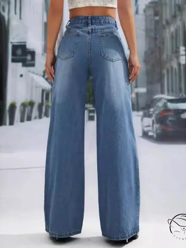 Light blue wide leg denim fashionable figure flattering jeans