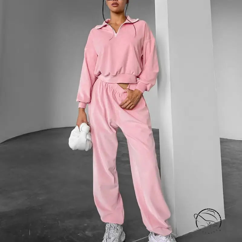 Gentle Pink Knitted Velvet Loungewear Set by Langry Fashion