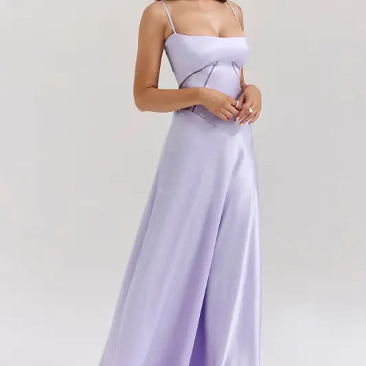 Lilac satin spaghetti strap gown in langry fashion evening dress