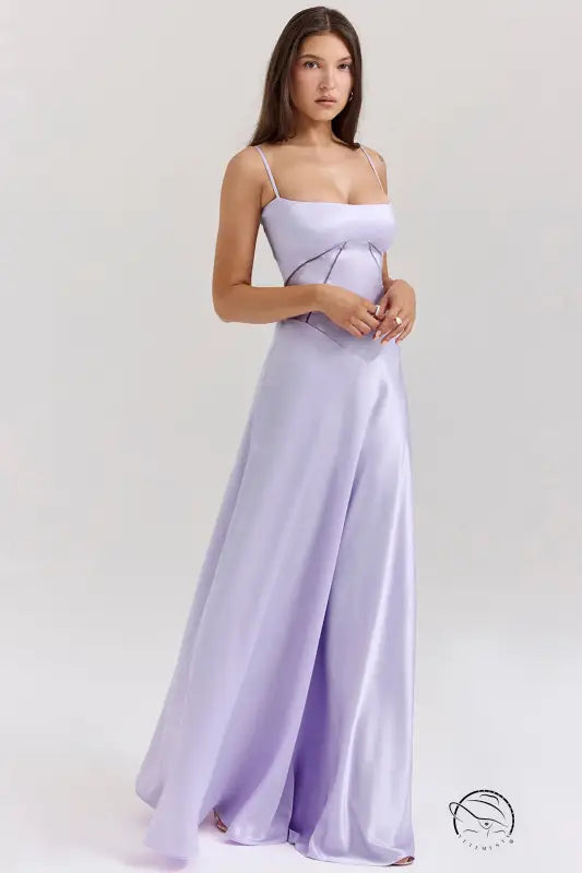 Lilac satin spaghetti strap gown in langry fashion evening dress
