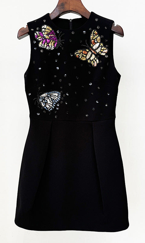 Sleeveless black Elegant Diamond Butterfly Slim Vest Dress, perfect for trendy fashion ملابس
