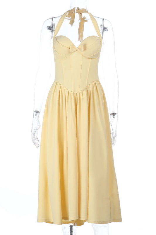 Langry fashion yellow halter bow waist A-line evening maxi dress with sweetheart neckline and pleated skirt