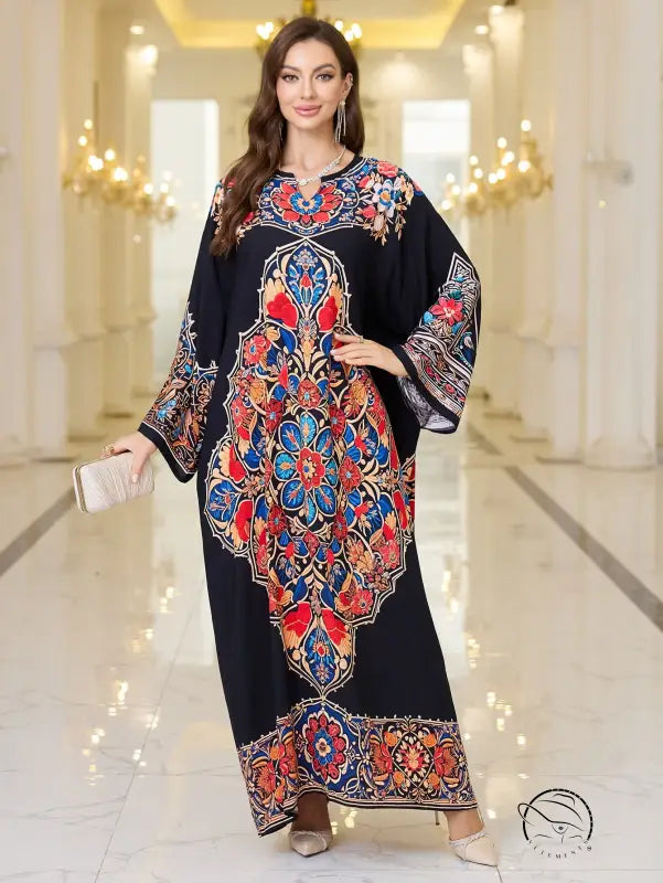 Elegant loose black floral kaftan dress with long sleeve length