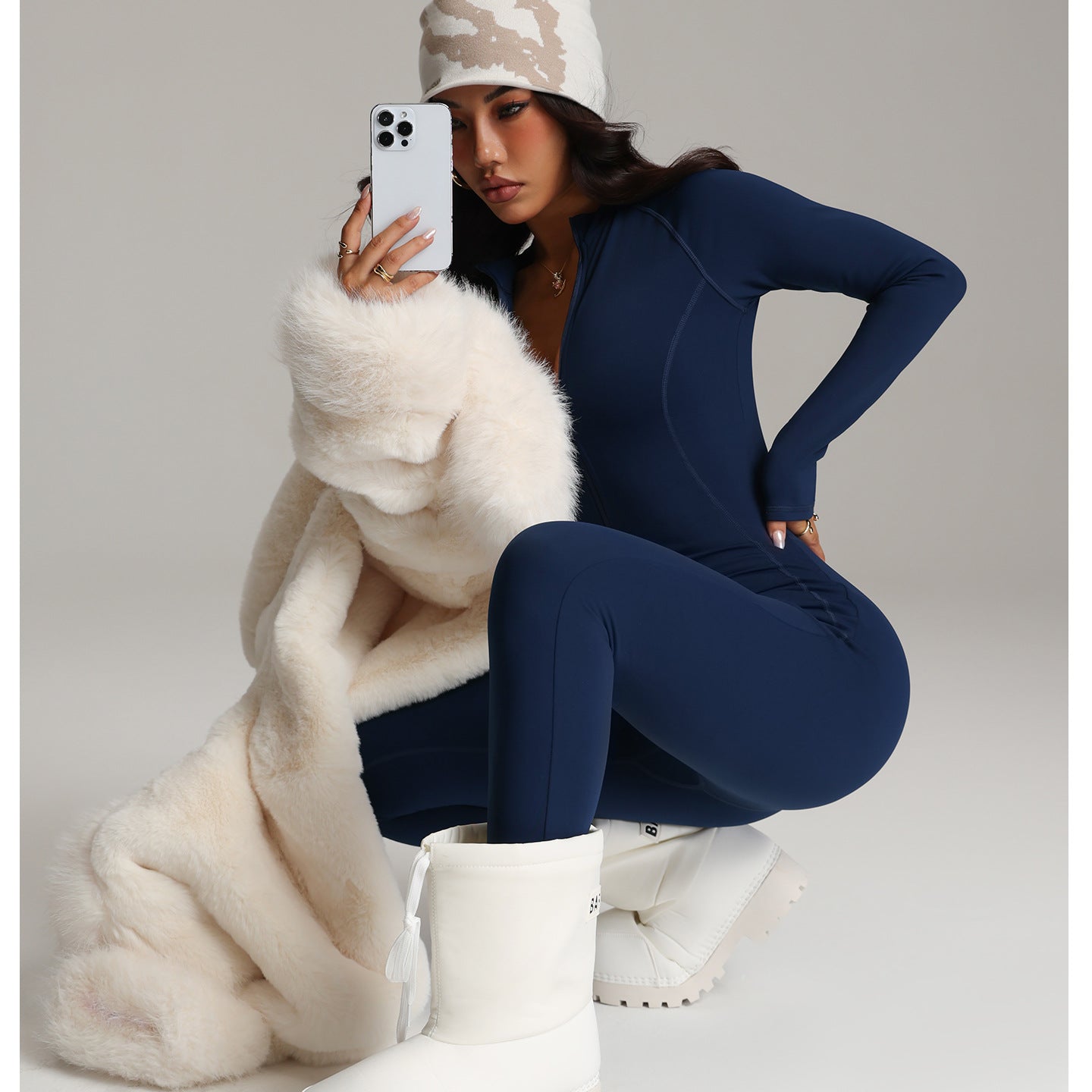 White faux fur teddy bear with phone, Langry fashion ملابس design