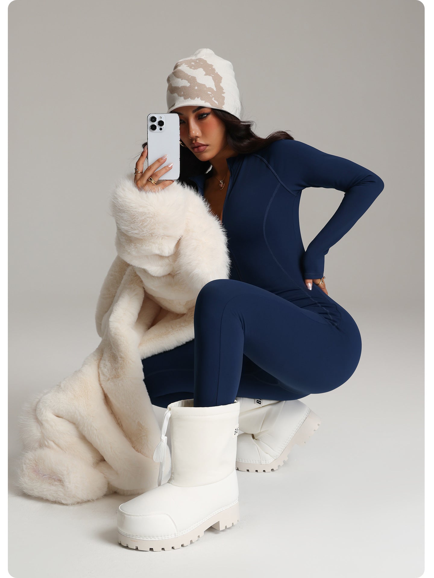 White faux fur teddy bear with phone, Langry fashion ملابس design