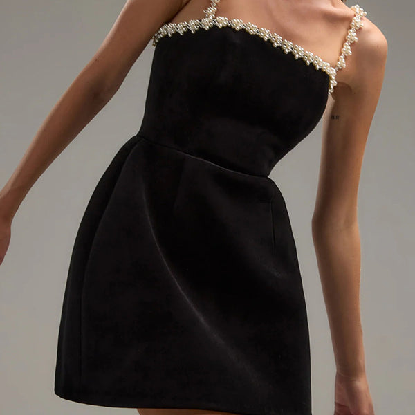 Elegant pearl trim black mini line dress showcasing luxurious langry fashion style